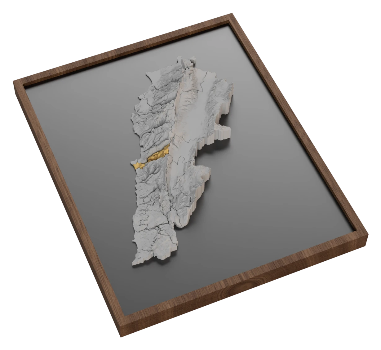 The relief of Lebanon in its walnut frame, Baabda in metallic iridium gold