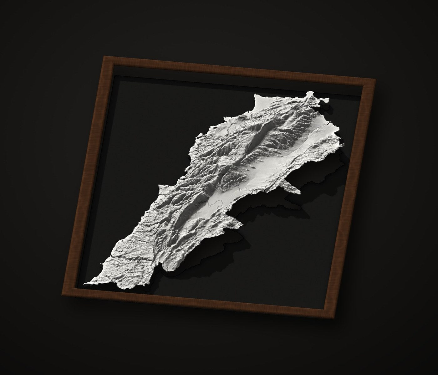 The map in its walnut frame, three-quarter view